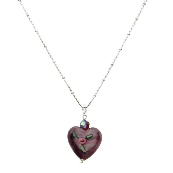 Purple Murano-style Glass Heart Pendant Sterling Silver Box Beads Station Chain Necklace 18"