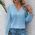 thumbnail image 4 of AXXD Womens Business Casual Tops Blue Basic 2024 Fall Solid Color Long Sleeve V-Neck Lace Splicing Hollow Bubble Sleeve Shirt, 4 of 6
