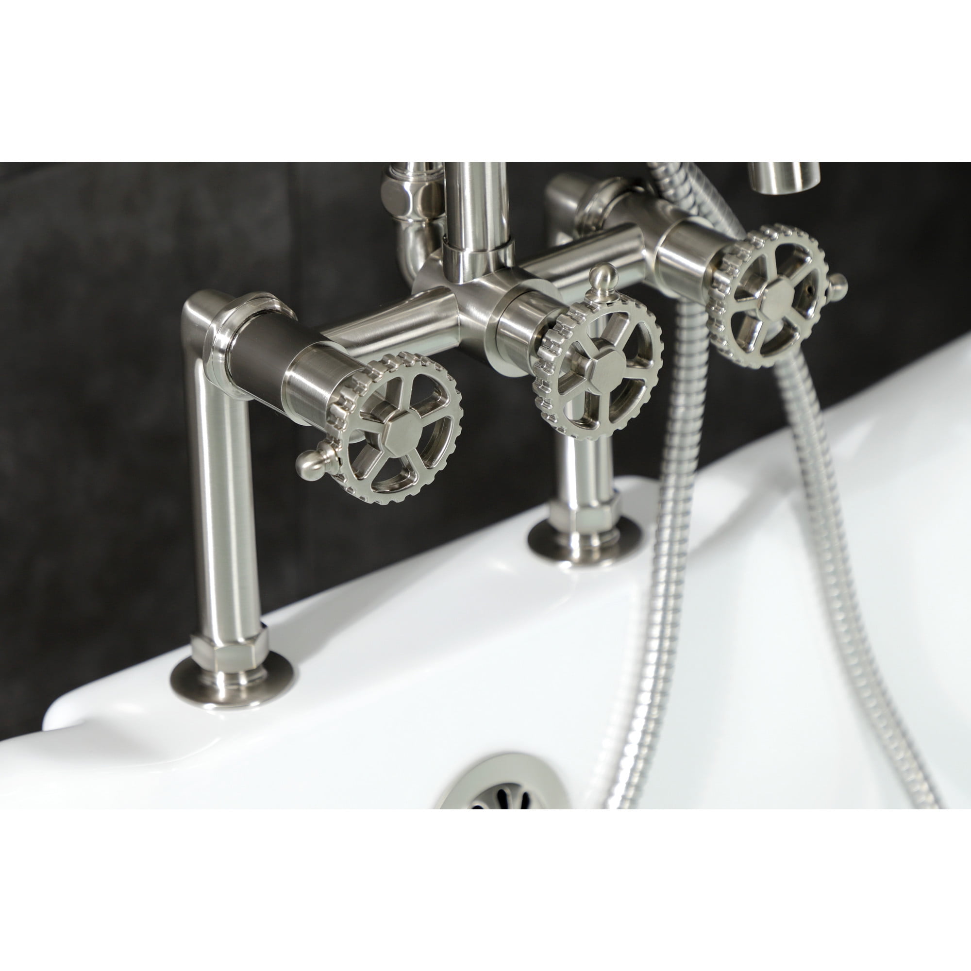 Kingston Brass AE8108CG Fuller Three-Handle 2-Hole Deck-Mount Clawfoot Tub Faucet with Hand Shower in Brushed Nickel