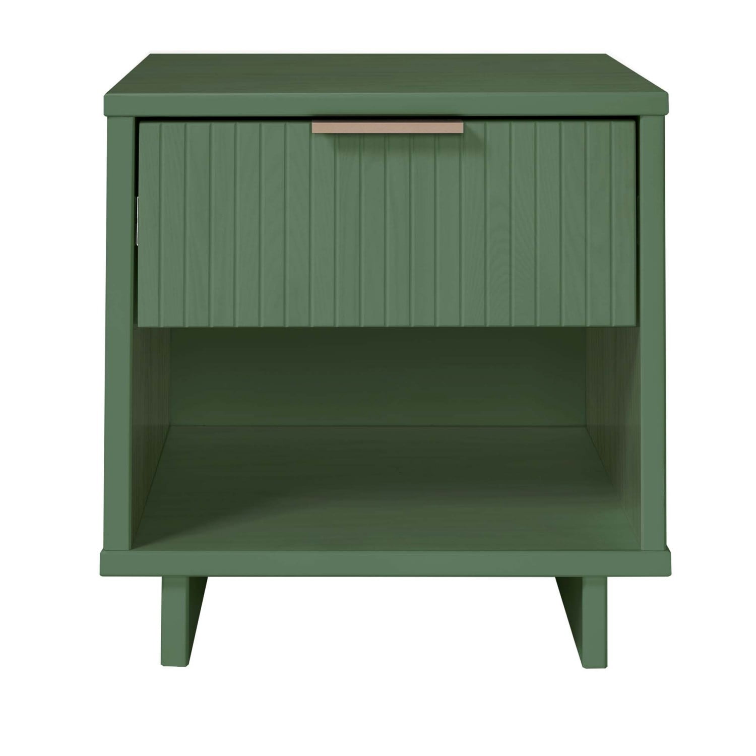 Sage Green Nightstand, Modern Contemporary Bedside Table with 1 Drawer, Solid Wood Ribbed Drawer Front and Gold Handle, Glam Storage End Table for Bedroom Living Room