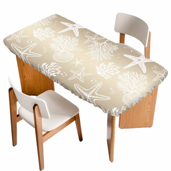 Brown Ombre Coastal Table Cloths for 6 Foot Rectangle Tables, Sea Nautical Summer Beach Starfish Coral Patio Waterproof Elastic Fitted Tablecloths, Washable Rectangular Table Cover for Camping