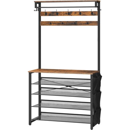 Hall Tree with Bench Entryway Coat Rack with Shoe Rack Shoe and Coat Rack 5 Tier Shoe Storage Organizer with Oxford Fabric Side Pockets Adjustable Mesh Shelves Rustic Brown BF75MT01