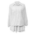 thumbnail image 4 of Cagogo Women's 2 Piece Puff Sleeve Shirt Set Elastic Waisted Shorts Casual Solid Basic Matching Lounge Outfits Summer Cruise Travel Clothes, White M, 4 of 7