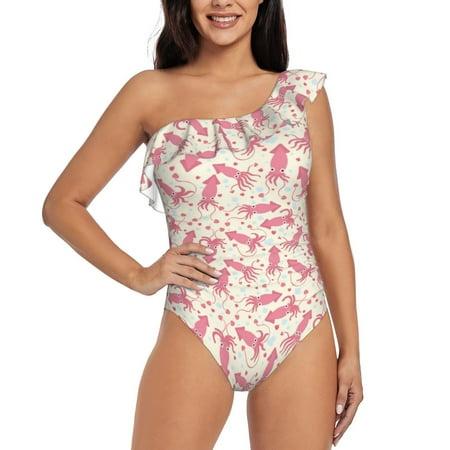 Qokaie pink Octopus Print Women s One Piece Swimsuits Tummy Control Bathing Suits Asymmetric One Shoulder Swimwear-Large