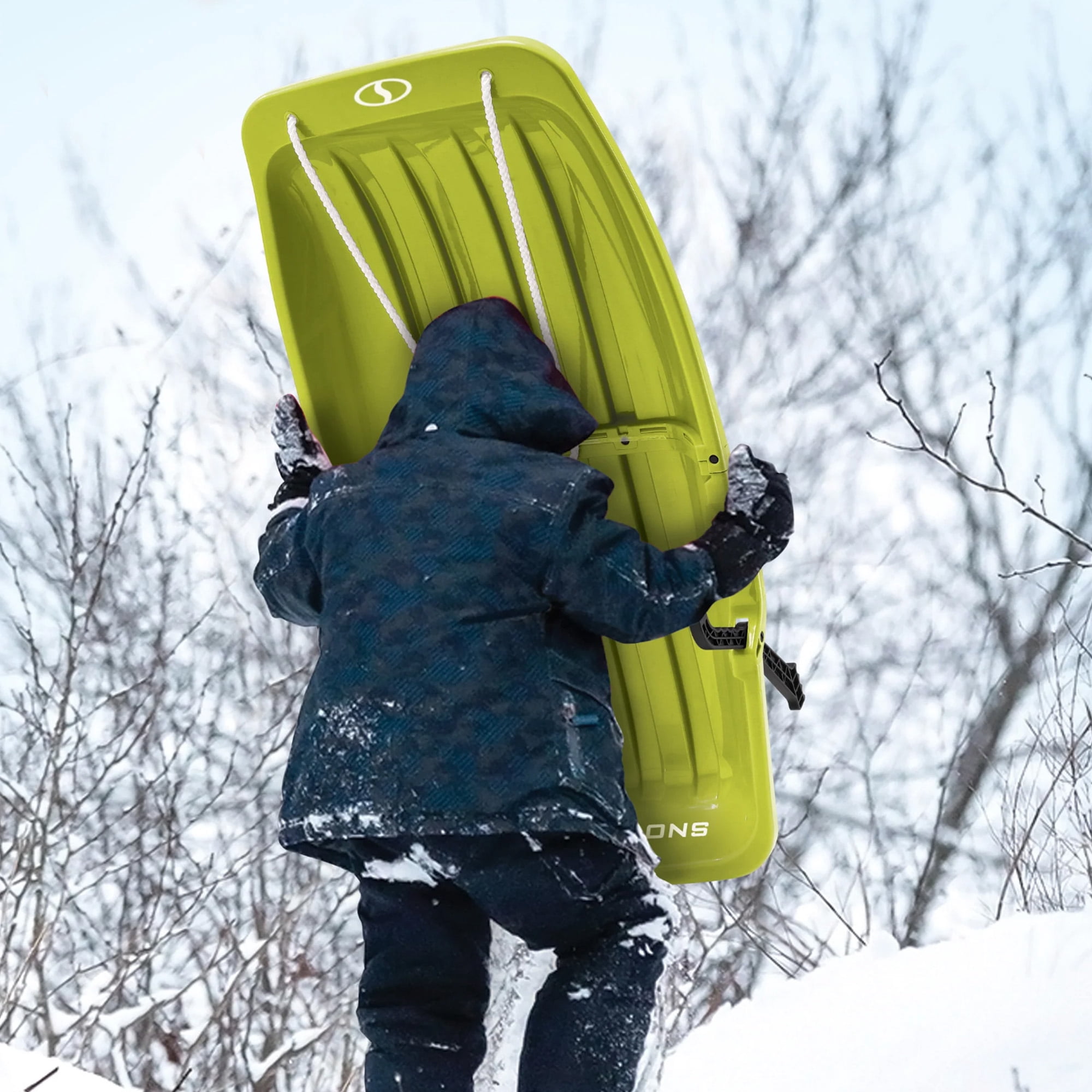Snow Joe Plastic Snow Sled 34” Toboggan Board with Handles and Rope, Green, SJ-SLD34-GRN