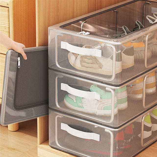 Fufafayo 2Pcs Foldable Underbed Shoe Storage Box, PVC Shoe Organizer for Closet Entryway, Transparent Thickened Steel Frame Stackable Storage Container for Bedroom Living Room