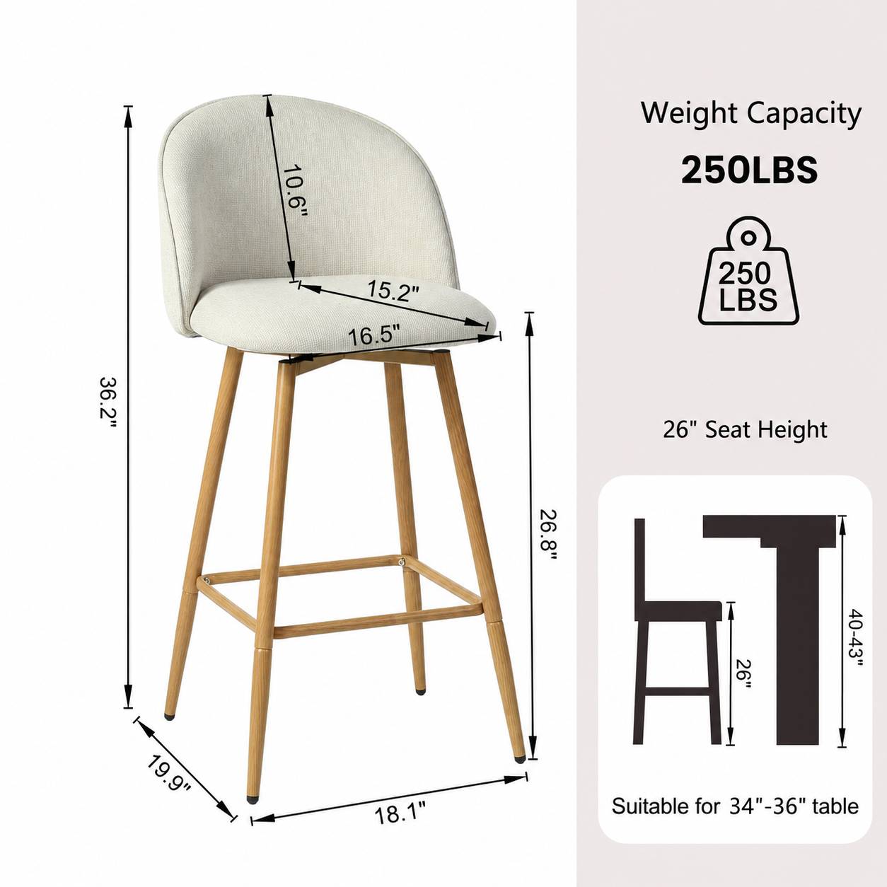 Homy Casa 26" Swivel Counter Height Bar Stools, Set of 2, Beige photo 5