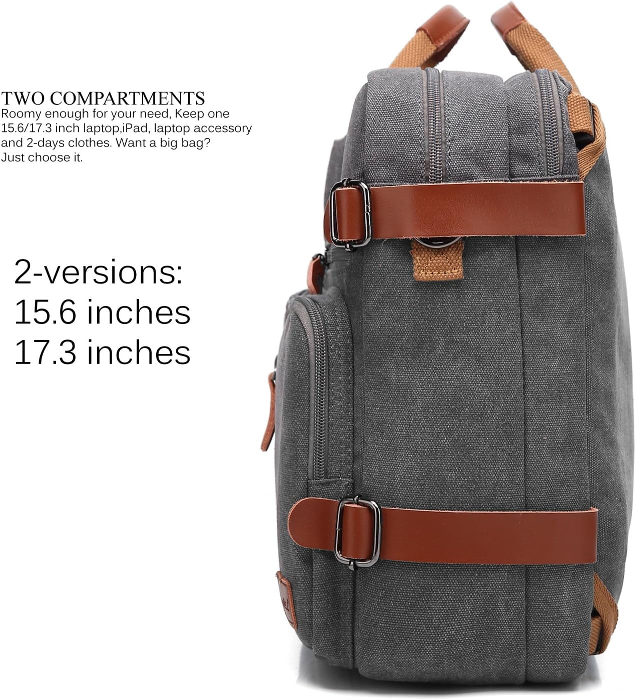 CoolBELL Convertible Backpack Messenger Shoulder bag Laptop Case Handbag Business Briefcase Multi-functional Travel Rucksack Fits 15.6 Inch Laptop For Men/Women (Cancas Dark Grey)