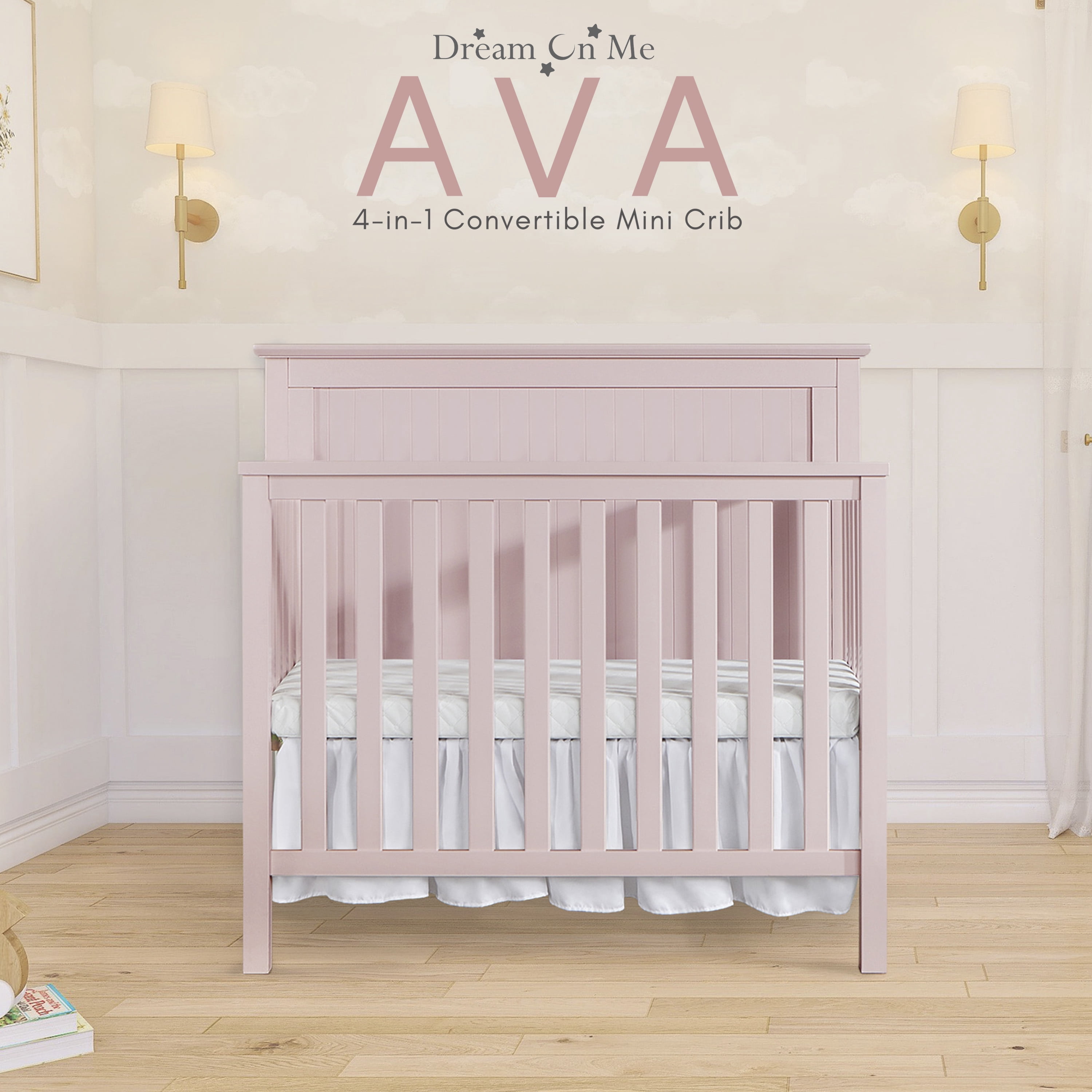 Dream On Me Ava 4-in-1 Convertible Mini Crib, Blush Pink