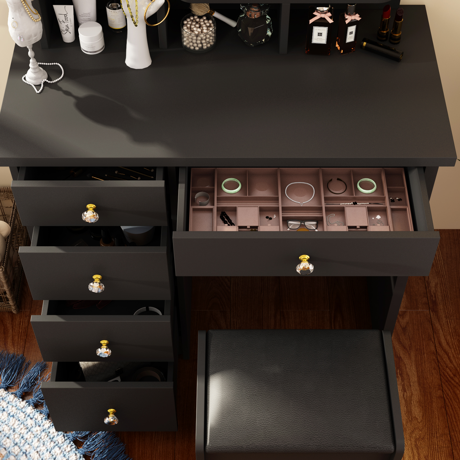 MONSLIPA Vanity Set with Mirror, Makeup Dresse Table with 5 Drawers and Open Shelves, Cushioned Stool ( Black )