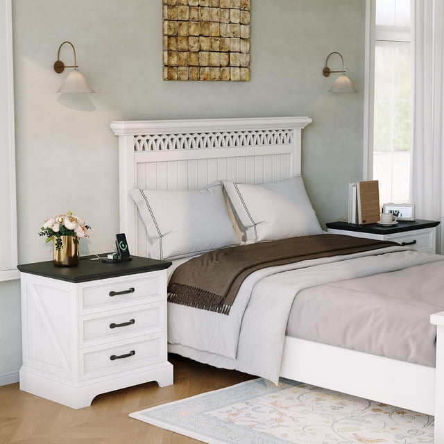 Royalbelle Nightstand with Charging Station, 3 Drawers USB Ports & Power Outlets Modern Bedside Table, 2PC, White