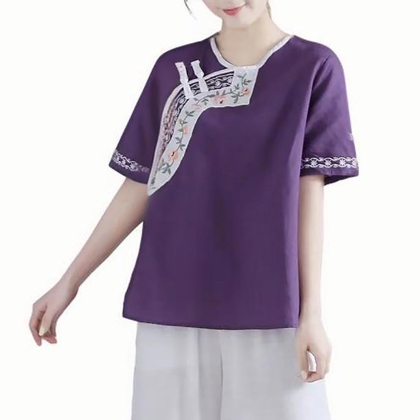 V Cuello Blusas para las Mujeres, de Moda Retro Bordado Cuello Redondo Cinco Cuartos de Manga para el Uso Casual