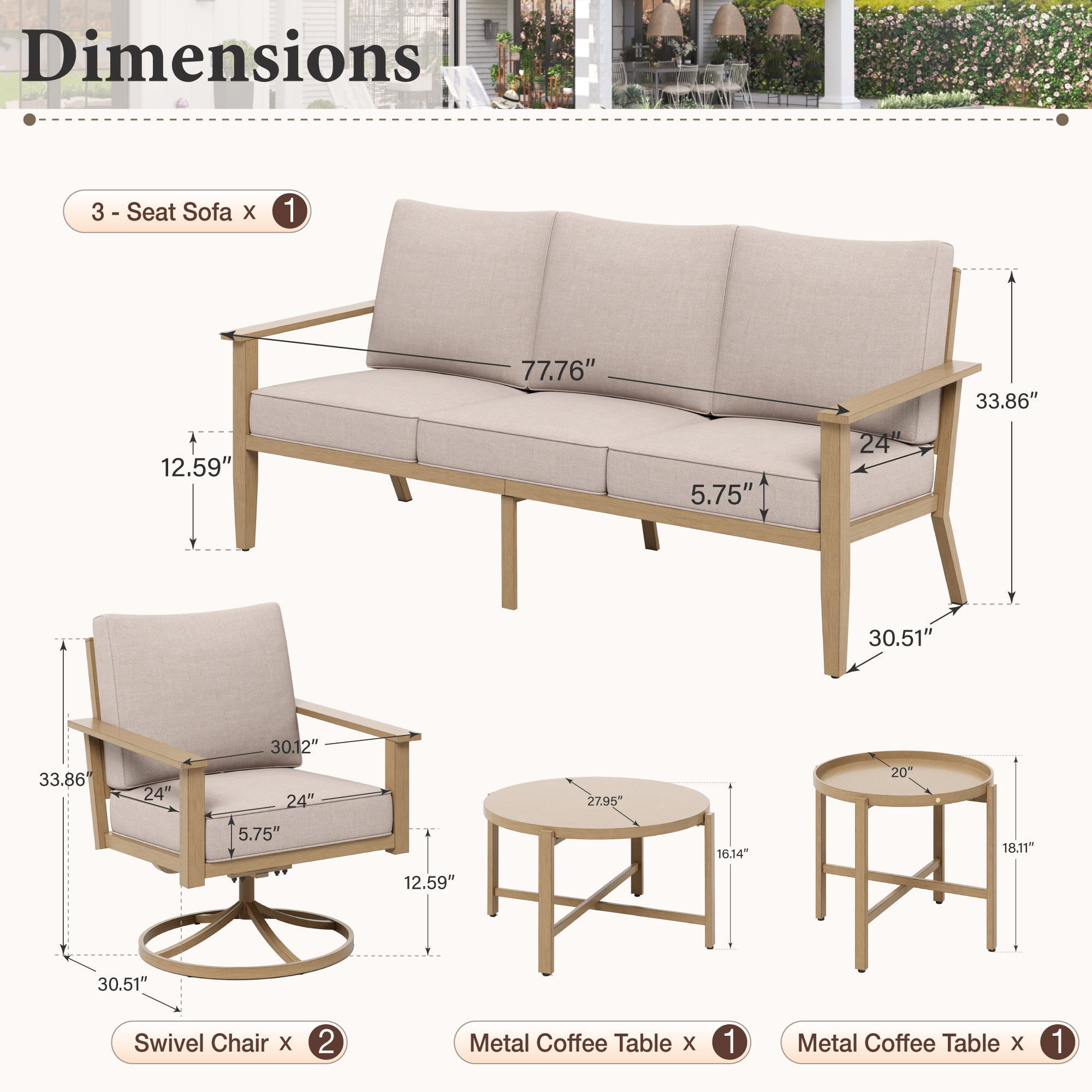 Summit Living 5-Piece Woven Rope Outdoor Patio Furniture Set with Swivel Chairs & 2 Round Nesting Coffee Table, Wood-Grain Metal Outdoor Patio Conversation Set for 5 People, Beige