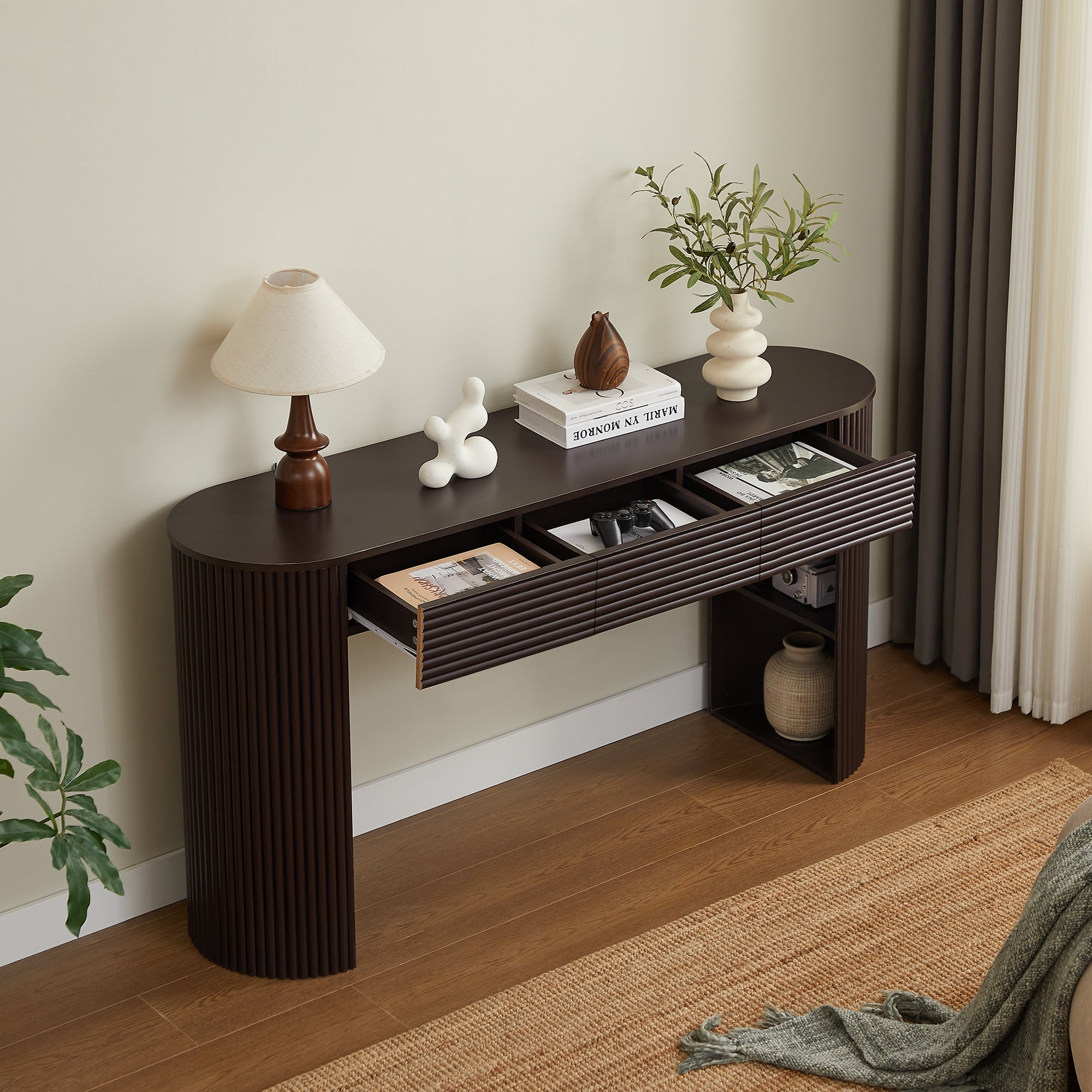 Mintazer 60"L Console Table with 3 Storage Drawers & 1 Table-Leg Niche for Entryway Living Room Hallway,Bedroom, Espresso