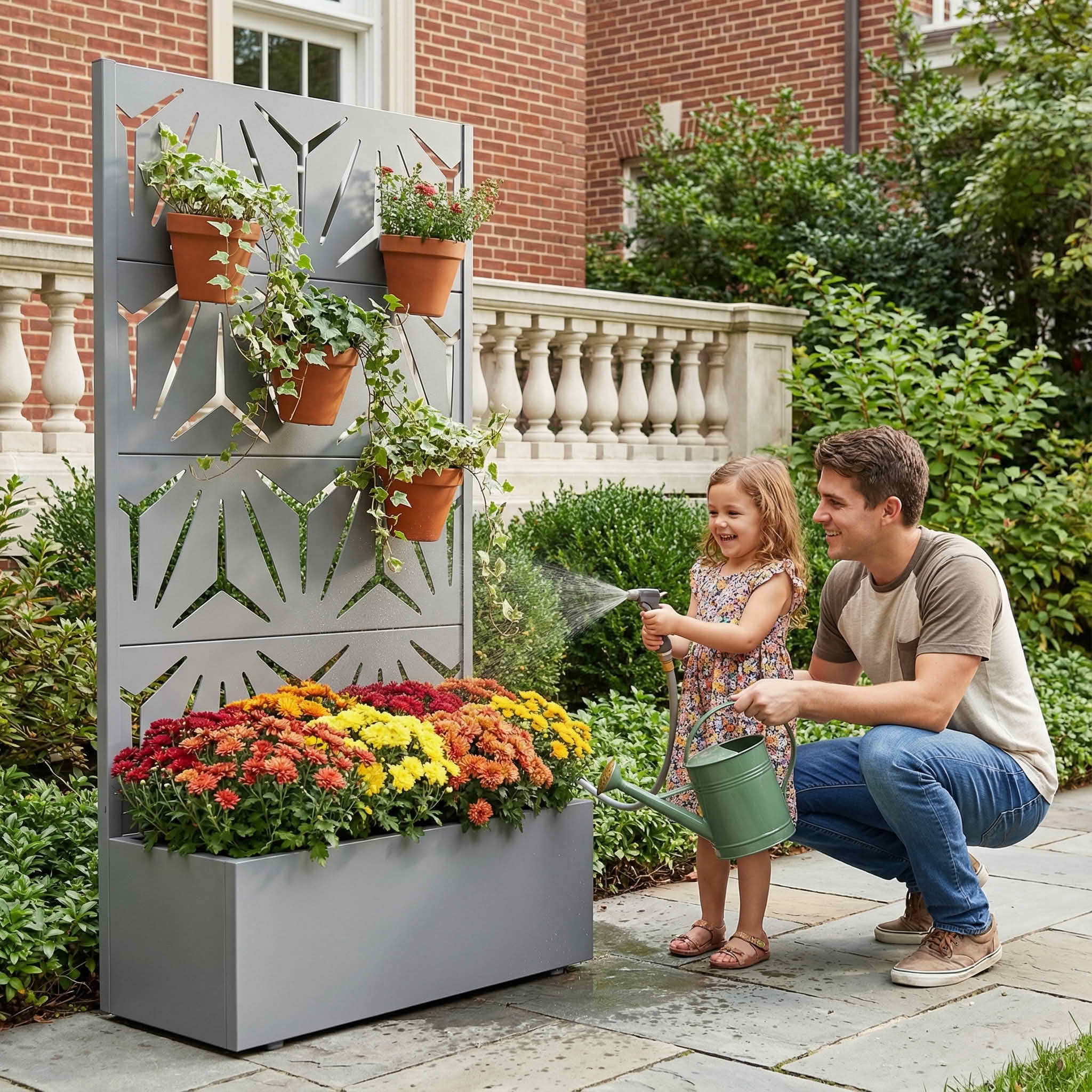 MAYEERTY 59X30" Metal Outdoor Gray Privacy Screen with Planter Box for Backyard & Garden, 4 Piece Set