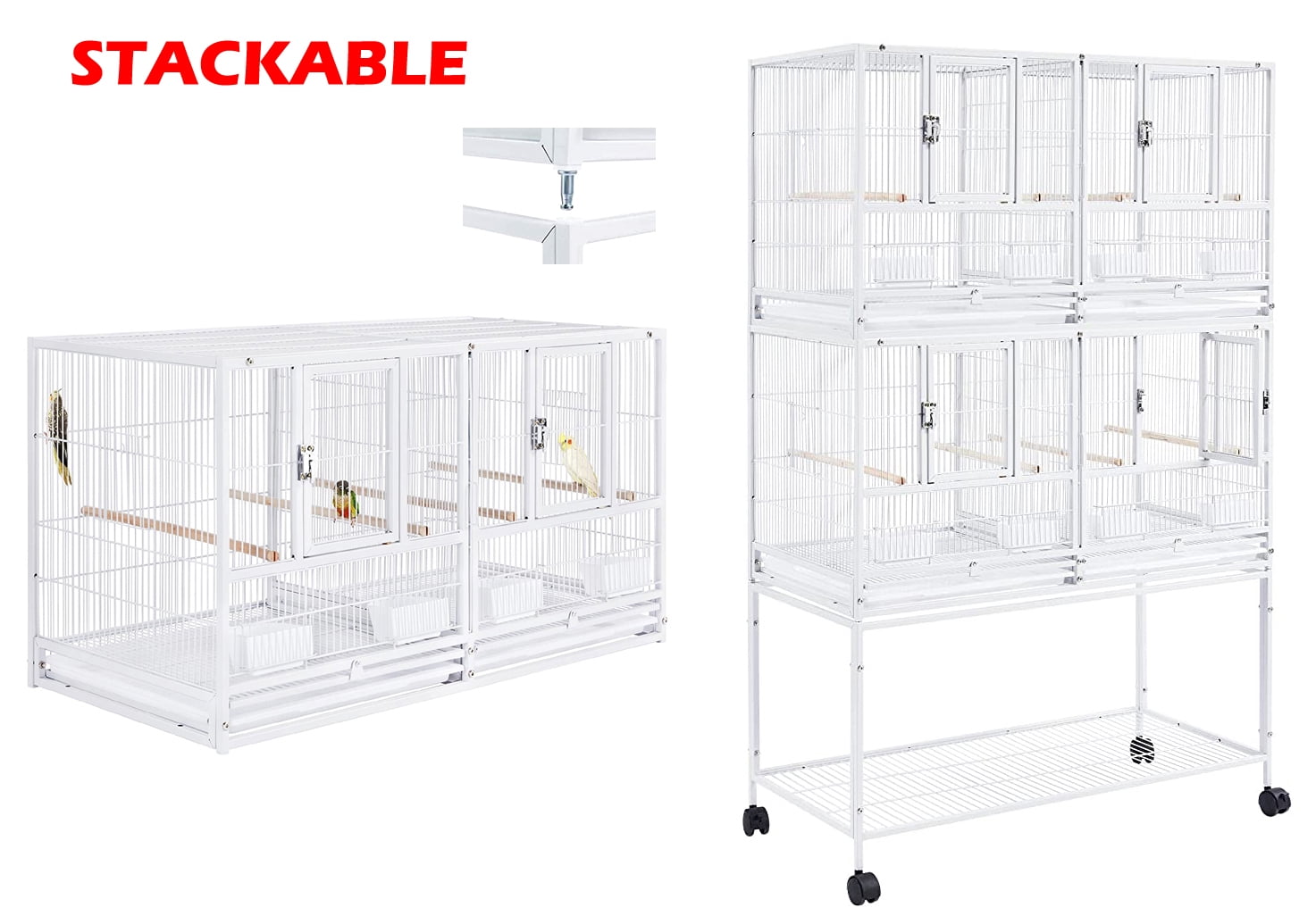 White Deluxe Double Story Stackable Center Divided Breeder Breeding Bird Flight Rolling Cage With Side Breeding Nest Doors for Aviaries Canaries Cockatiels Lovebirds Finches Budgies Small Parrots