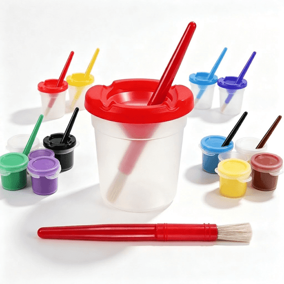10-Pack Spill-Proof Paint Cups with Colored Lids, Includes 10-Piece Paint Brush Set, Ideal for Artists & Students, Compatible with Watercolor, Acrylic and Tempera Paint