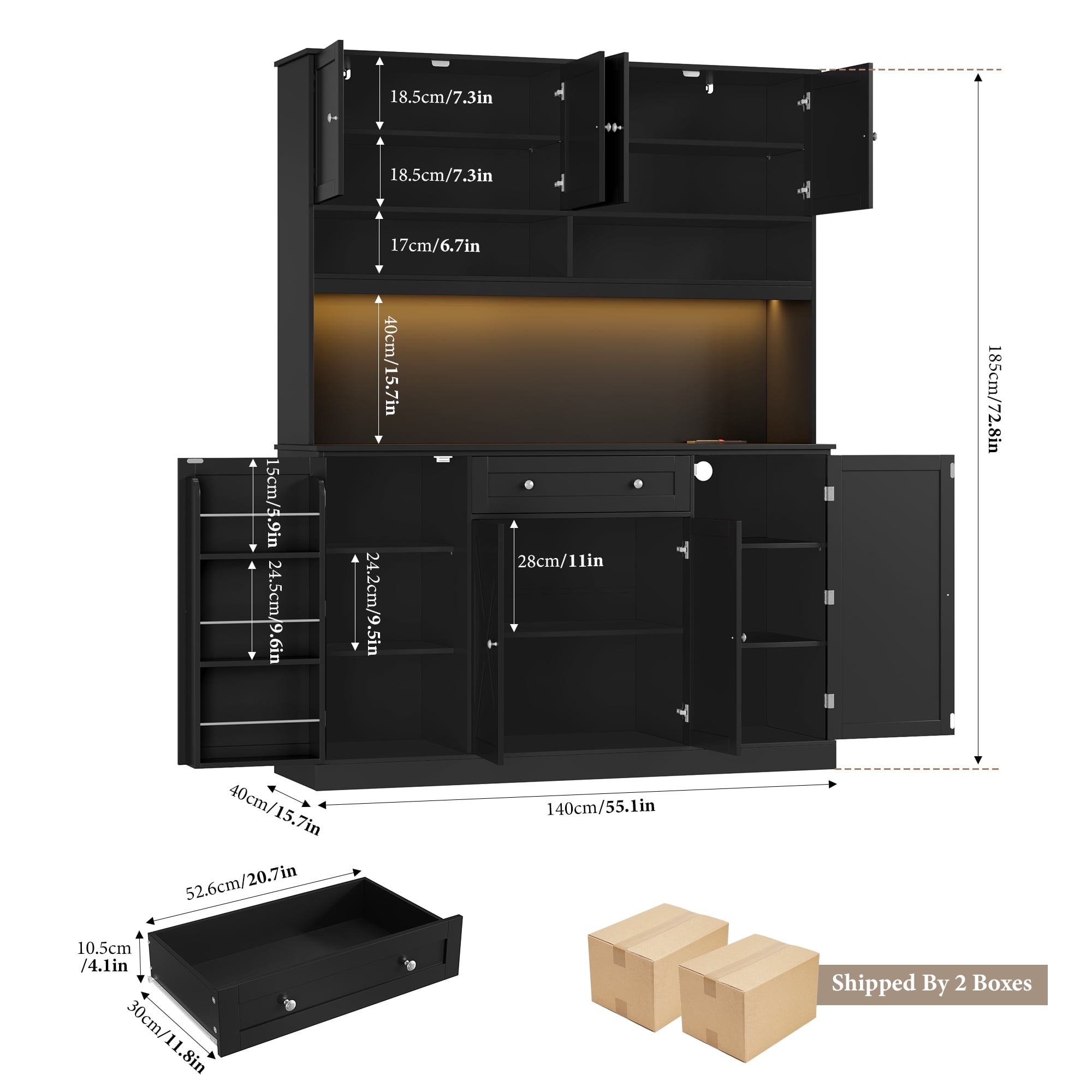 Homfa 72.8'' Tall Kitchen Pantry Cabinet with LED Lights & Charging Station, 8 Doors Storage Cabinet with Drawers & Shelves & Countertop, Kitchen Hutch with Adjustable Shelves for Dining Room, Black