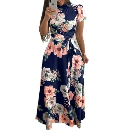 Floral Print Plus Size Long Maxi Dress with Belt (Best Dresses For Size 16)