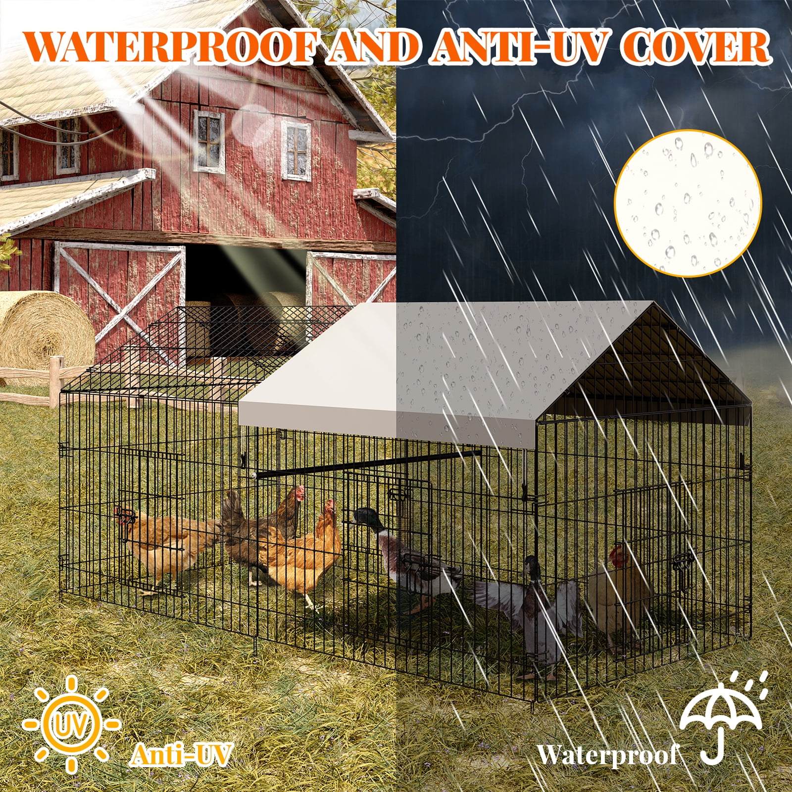 Heavy Duty Large Metal Chicken Coop - Walk-In Poultry Cage with Waterproof & UV-Resistant Cover - Portable Outdoor Hen House for Chickens, Ducks, Rabbits - Backyard & Farm Use - 86"L x 40"W x 40"H