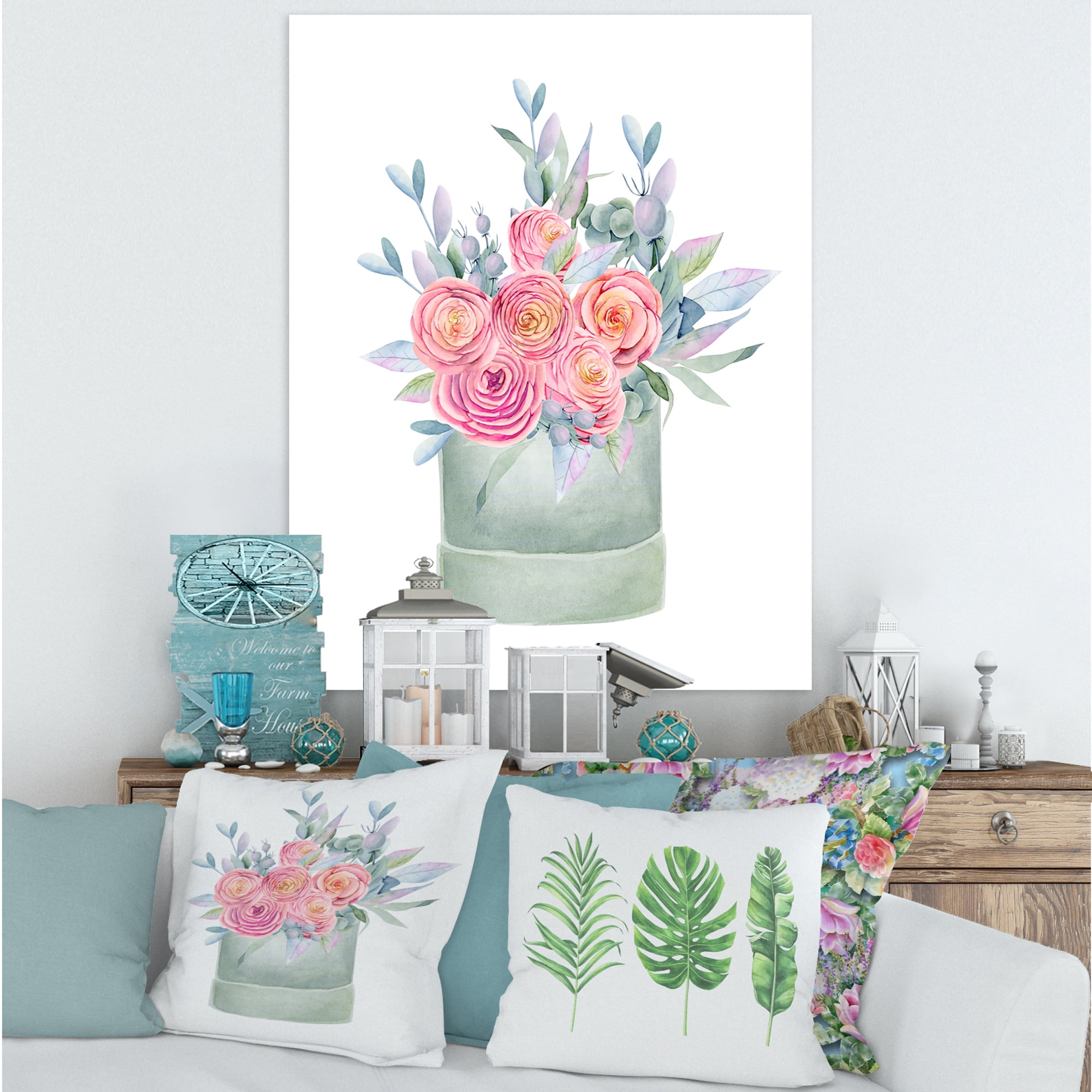 Pink Roses With Gift Box 8 in x 12 in Painting Canvas Art Print, by Designart