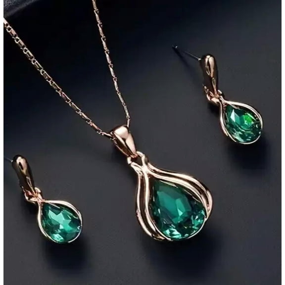 GKNET Elegant Water Drop Green and Gold Earring and Necklace Delicate Jewelry Set