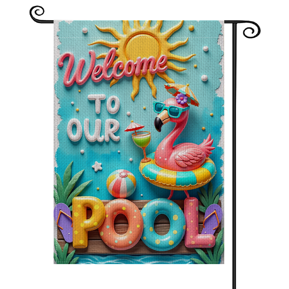30x45Bright Colorful Welcome Pool Garden Flag, Tropical Styled Flamingo Yard Banner, 3D Detailed Poolside Welcome Sign for Backyard Pool Parties, Outdoor Summer Gatherings, Family Pool Days