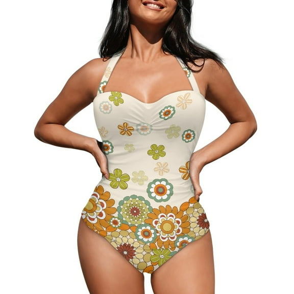 FKELYI One Piece Swimsuit for Women Bohemian Hippie Flower Print V Neck Swimwear with Soft Pads Tummy Control Bathing Suit Summer Beachwear for Lady Swimming Surfing, L