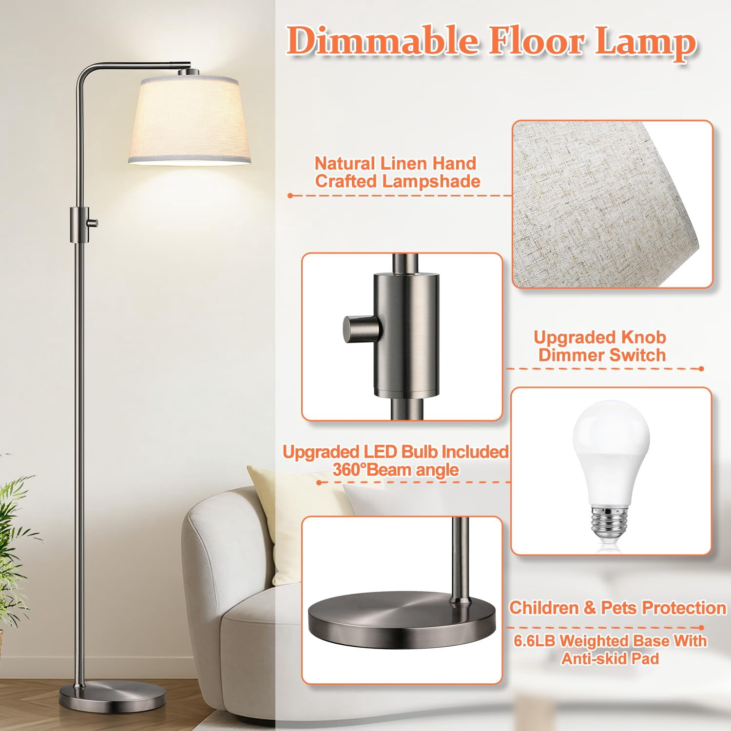 【upgraded】 Dimmable Floor Lamp  1000 Lumens Led Edison Bulb Included Brushed Nickel Arc Lamps For Living Room Modern Standing Tall Bedroom