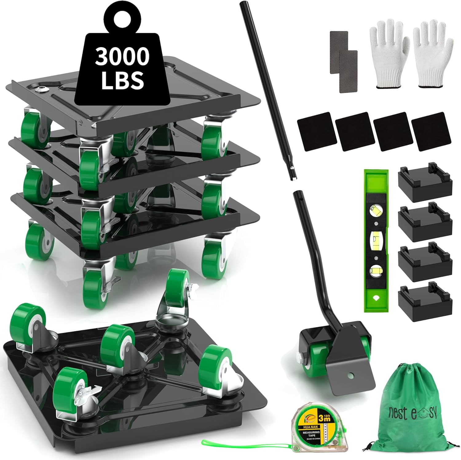 360 °   Rotating 5 Wheels Heavy Duty Furniture Dolly – Alloy Steel Furniture Movers with Measure Tape and Leveler, Up to 3000 lbs/1360 Kg Load Capacity