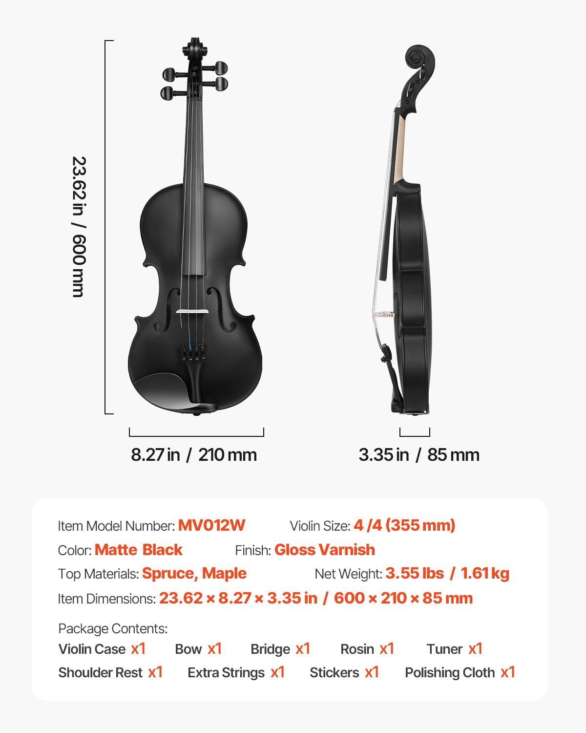 4/4 Full Size Violin Fiddle Set for Beginners, Handcrafted Solid Wood with Spruce Top and Maple Back, Complete Kit with Case, Bow, Rosin, Tuner, Shoulder Rest, Strings, and Accessories, Black
