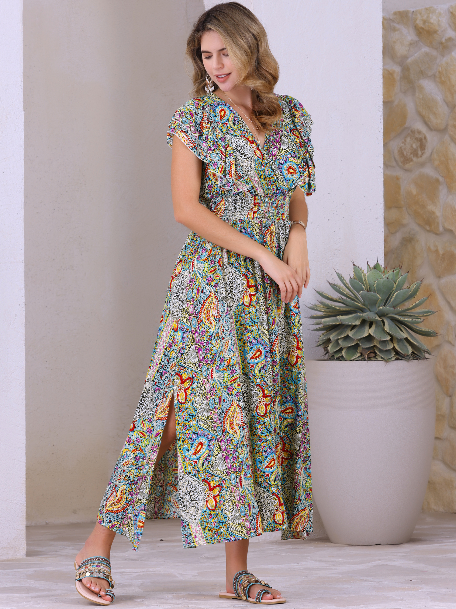 DARING DIVA Floral V Neck Shirred Elastic Waist Split Flowy Long Dress S Multicolor