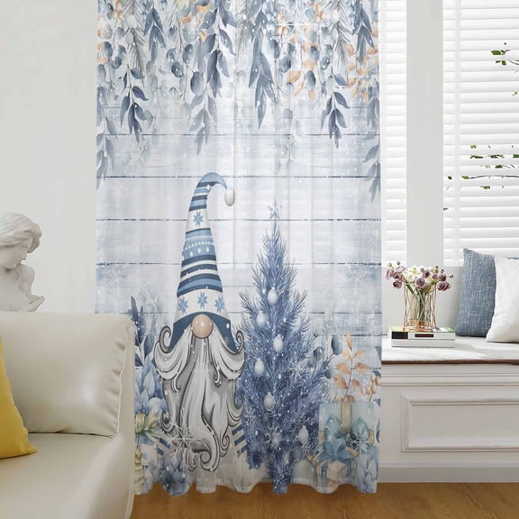 Blue Gnomes Semi Sheer Curtains Drapes for Living Room,Bedroom,French Doors Window 84 Inches Long,Christmas Eucalyptus Xmas Poinsettia Wood Grain Rod Pocket Chiffon Curtain Voile Drapery Panel