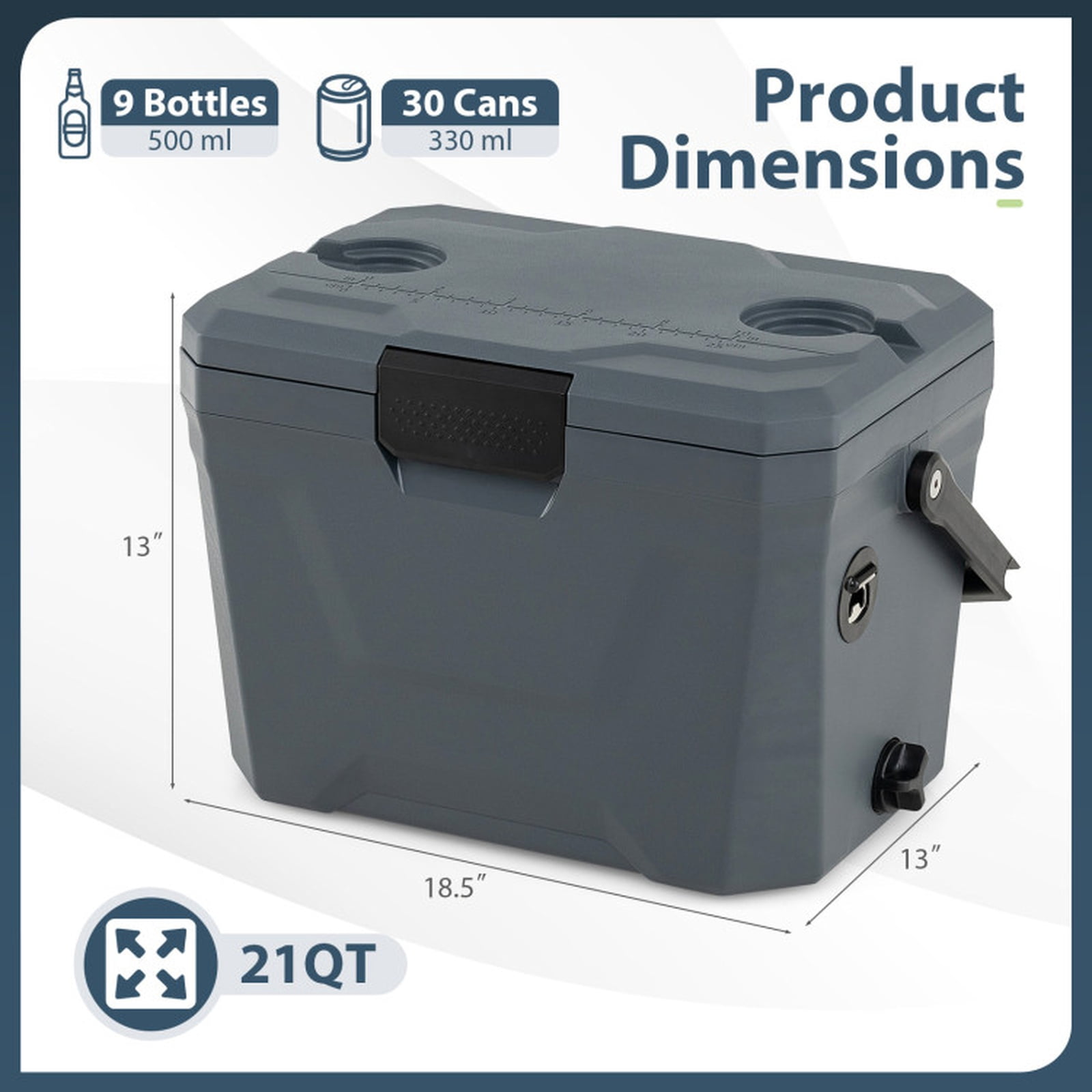 Biotree 21 Qt Insulated Portable Cooler Hard Shell Ice Chest with 2 Cup Holders, Gray