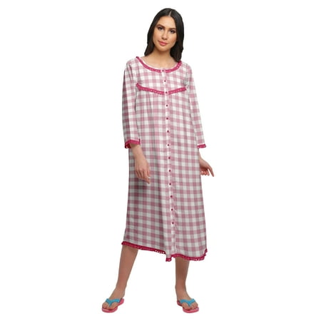 

Moomaya Printed Knee Length Cotton Lace Border 3/4th Sleeve Night Gown For Women