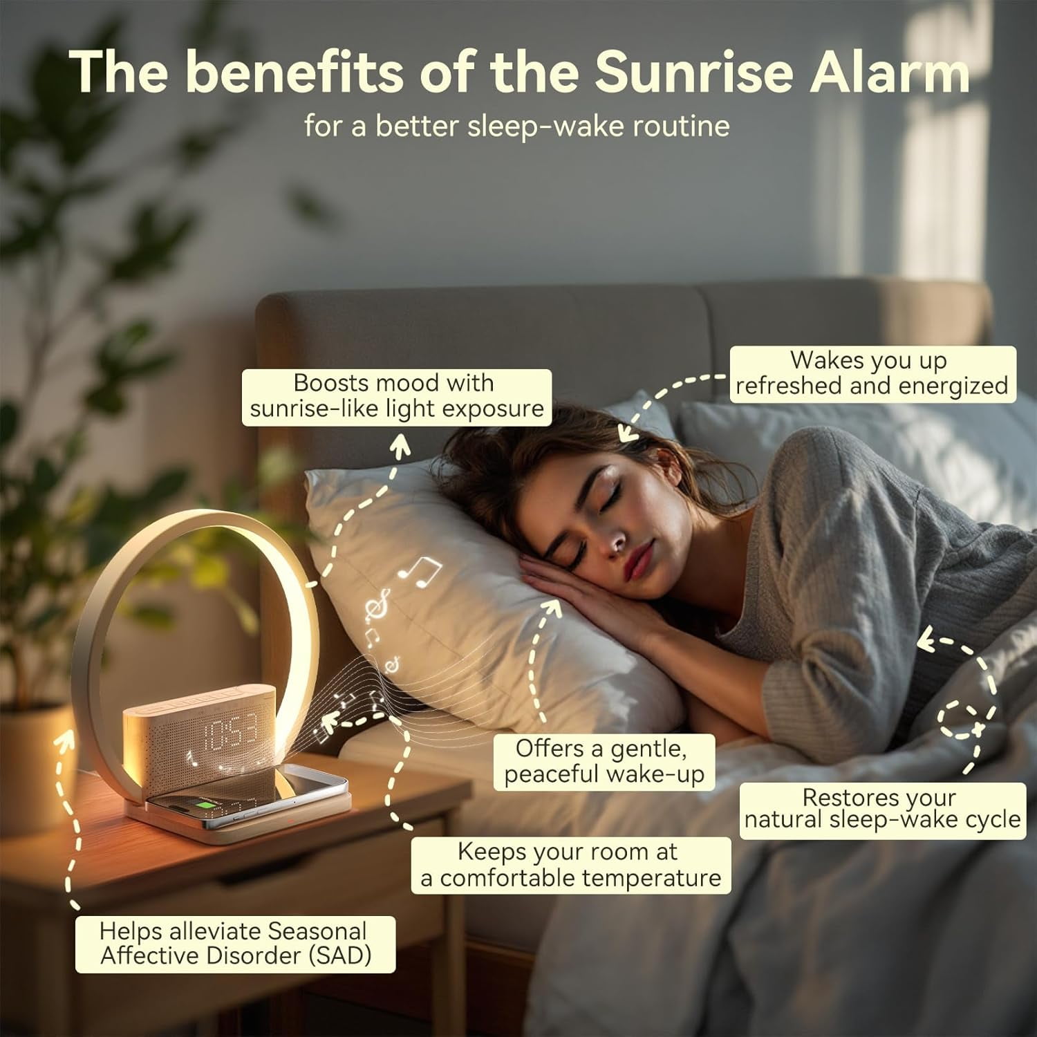 Sunrise Alarm Clock Wireless Charger, 10 White Noise Sound Machine with 30/60/90 Mins Timer, 3 Levels Touch Night Light Dual Clocks for Heavy Sleeper Bedroom Decor Gift Her