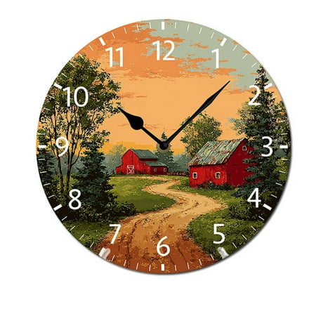 ZXCXRQFa Clocks Country Landscape Red Barns Green Trees 10 Retro Vintage Clock Non-Ticking Silent Wood Wall Clocks Battery Operated Decor Retro Design for Kitchen/Living Room/Bedroom/Farmhouse