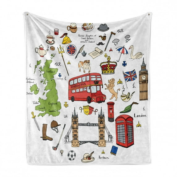 Travel Soft Flannel Fleece Throw Blanket, Hand Drawn Famous Tourist Places Big Ben London UK British Monuments Illustration, Cozy Plush for Indoor and Outdoor Use, 60" x 80", Multicolor, by Ambesonne