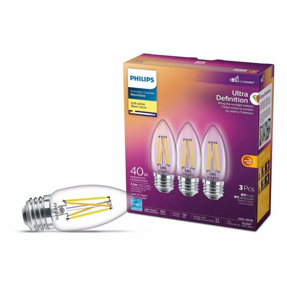 Philips LED Ultra Definition 40W Chandelier (B11) Medium Base (E26) Soft White WarmGlow Glass Clear 3-Pack