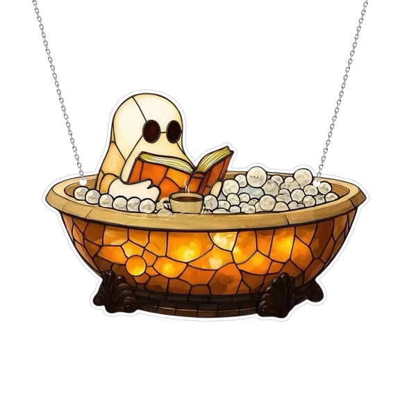 2026 Halloween Reading Ghost Acrylic Suncatcher , Summerween Decor Signs for Window Hanging Ornament, Art Garden Decor for Book Lover,A 5.9"
