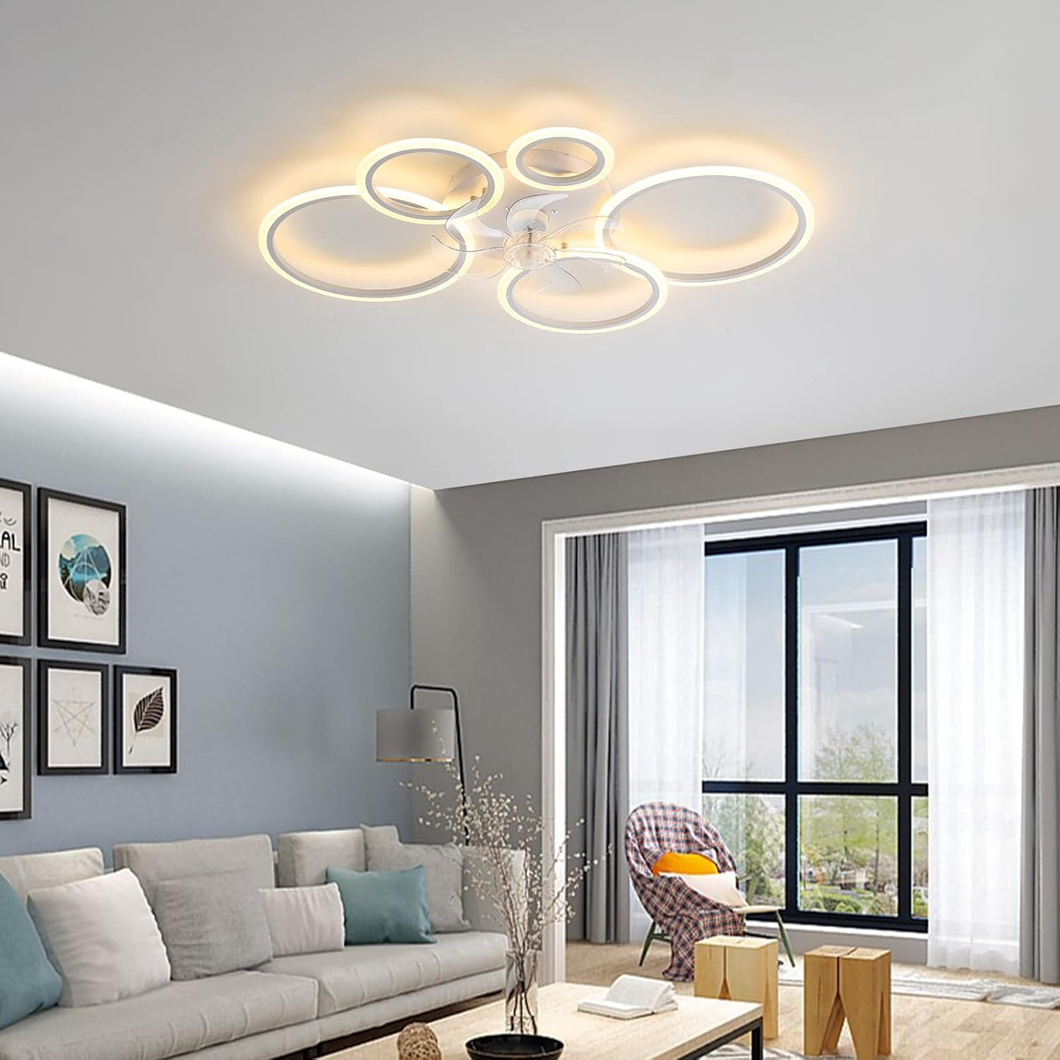 39.4'' Ceiling Fan with Light and Remote Control ，Low-Profile Modern Flush Mount Installation, Dimmable with 6 Speed Options for Bedrooms, Living Rooms, Dining Rooms, and Kitchens