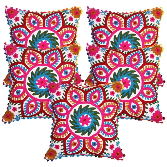 Stylo Culture Suzani Embroidered Couch Throw Pillow Covers 16 x 16 Indian White Red Elegant 40cm x 40cm Pom Pom Lace Cotton Floral Square Cushion Covers | Set Of 5