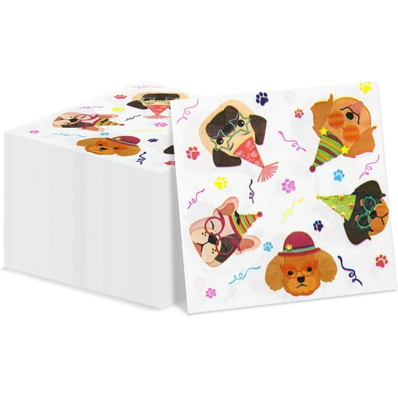 100 Pcs Cute Puppy Dog Party Napkins - 13 x 13inch, Perfect for Kids, Baby Showers & Animal Parties