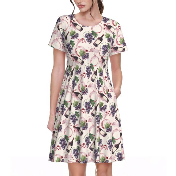 Disketp Watercolor Wine Bottle para Vestido de Manga Corta para Mujeres, Vestidos de Verano para Mujeres, Casual y Holgado para la Playa