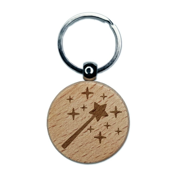 Magic Fairy Wand Round Keychain Charm Tag - Engraved Wood