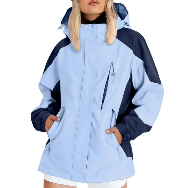 ManxiVoo Detachable Hood Women's Rain Jacket Multi-Purpose Hiking Windcoat With Adjustable Cuffs For Commuting M Size Light Blue