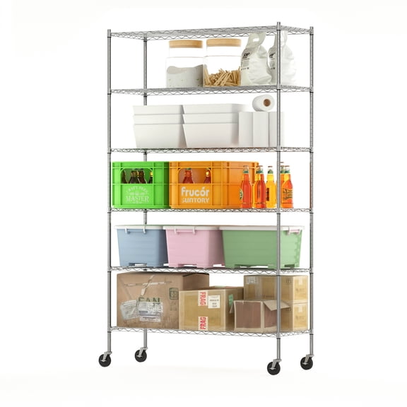 Furinno WAYAR Wire Storage Shelving, 6-Tier Adjustable Steel Wire Storage Shelf, Heavy Duty Standing Storage Shelf, 48 x 18 x 82, for Garage, Kitchen, Stainless Steel