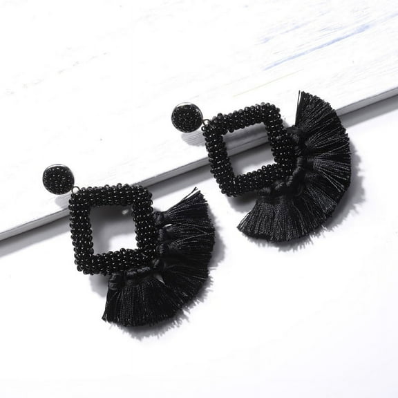 NAMZI Beaded Earrings Oversized Handmade Seed Beaded Drop Earrings Long Beaded Dangle Earrings for Women Ladies (Black)