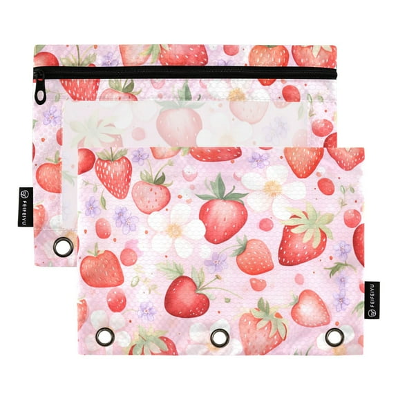 2 Pack Pencil Pouch for 3 Ring Binder Fruit Strawberry Floral Pencil Case Clear Window Zipper Pencil Bag Organizers