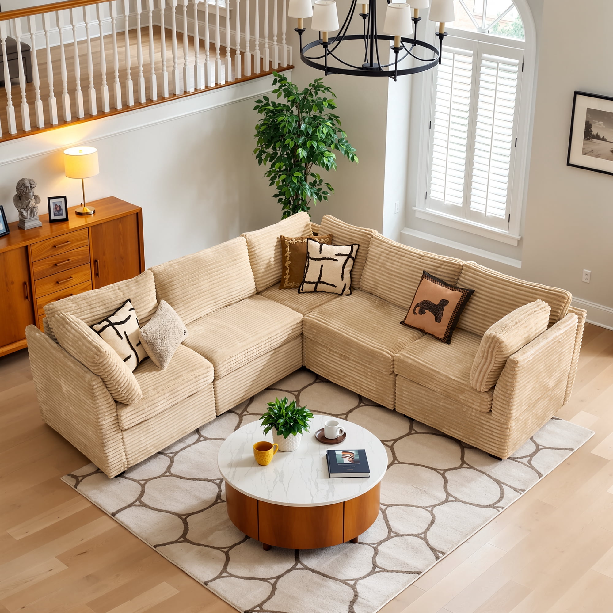 Ovios 95" Modular Sectional Sofa Deep Seat Cloud Couch with Chaise L-Shaped Corduroy Couch for Living Room, 5 Seat, Beige